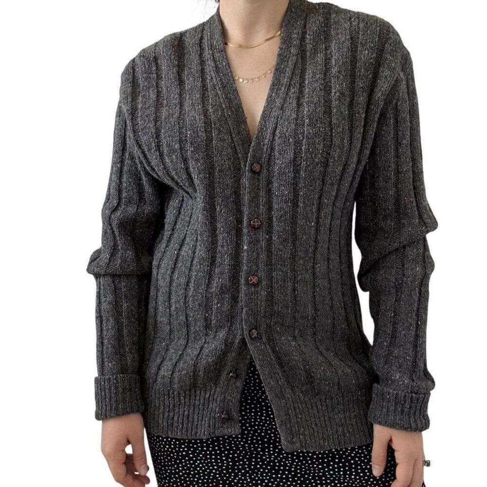 Vintage 1970s Kreeger Unisex Gray Donegal Wool Dark Academia Chunky Cardigan L